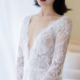 Long Sleeve Sexy Deep V Neck Lace Bridal Gown Wedding Dress