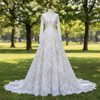 Long Sleeve Double V Lace A-line Bridal Gown Wedding Dress - Rosymae