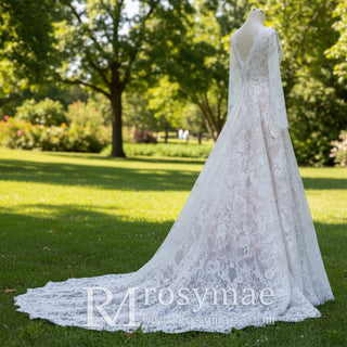 Long Sleeve Double V Lace A-line Bridal Gown Wedding Dress - Rosymae