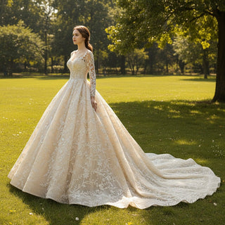Long Sleeve Embroidery Floral Lace Ball Gown Wedding Dresses - Rosymae