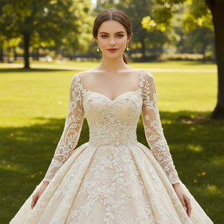 Long Sleeve Embroidery Floral Lace Ball Gown Wedding Dresses - Rosymae