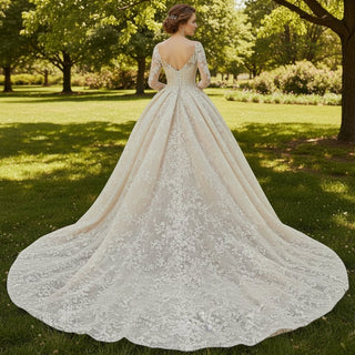 Long Sleeve Embroidery Floral Lace Ball Gown Wedding Dresses - Rosymae