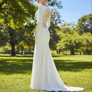 Long Sleeve Fit and Flare Wedding Dress with Sheer Back - Rosymae