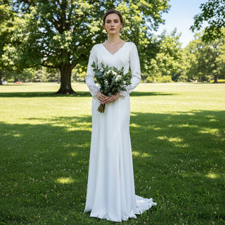 Long Sleeve Fit and Flare Wedding Dress with Sheer Back - Rosymae