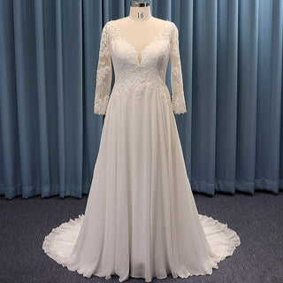 Sheer Long Sleeve V-neck Lace and Chiffon Plus Size Wedding Dress