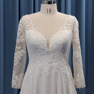 Sheer Long Sleeve V-neck Lace and Chiffon Plus Size Wedding Dress