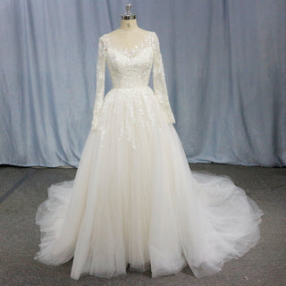 Long Sleeve Lace Applique Backless Bridal Wedding Dresses - Rosymae