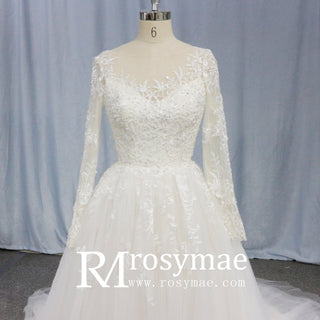 Long Sleeve Lace Applique Backless Bridal Wedding Dresses - Rosymae