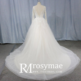 Long Sleeve Lace Applique Backless Bridal Wedding Dresses - Rosymae