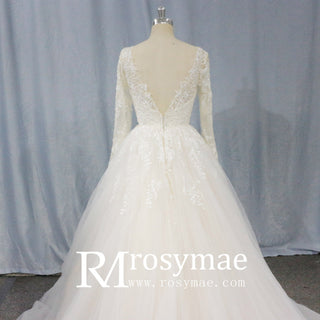 Long Sleeve Lace Applique Backless Bridal Wedding Dresses - Rosymae