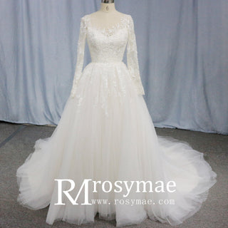 Long Sleeve Lace Applique Backless Bridal Wedding Dresses - Rosymae