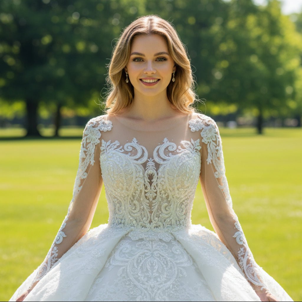 Long Sleeve Lace Ball Gown Wedding Dress with Plunging Neckline - Rosymae