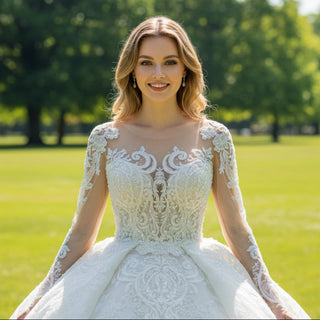 Long Sleeve Lace Ball Gown Wedding Dress with Plunging Neckline - Rosymae