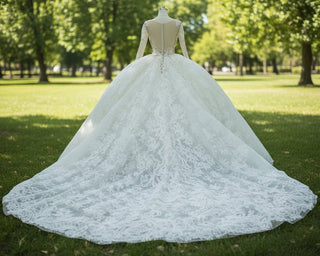 Long Sleeve Lace Ball Gown Wedding Dress with Plunging Neckline - Rosymae