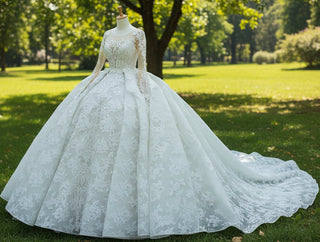 Long Sleeve Lace Ball Gown Wedding Dress with Plunging Neckline - Rosymae