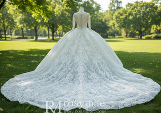 Long Sleeve Lace Ball Gown Wedding Dresses with Puffy Skirt - Rosymae