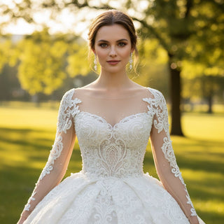 Long Sleeve Lace Ball Gown Wedding Dresses with Puffy Skirt - Rosymae