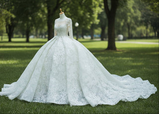 Long Sleeve Lace Ball Gown Wedding Dresses with Puffy Skirt - Rosymae