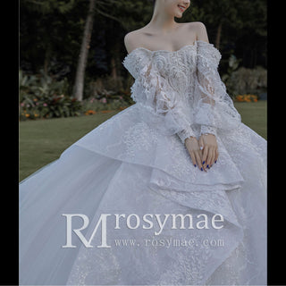 Luxury Wedding Dress with Off-the-Shoulder Poof Sleeves