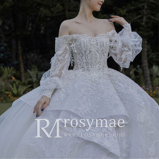 Luxury Wedding Dress with Off-the-Shoulder Poof Sleeves