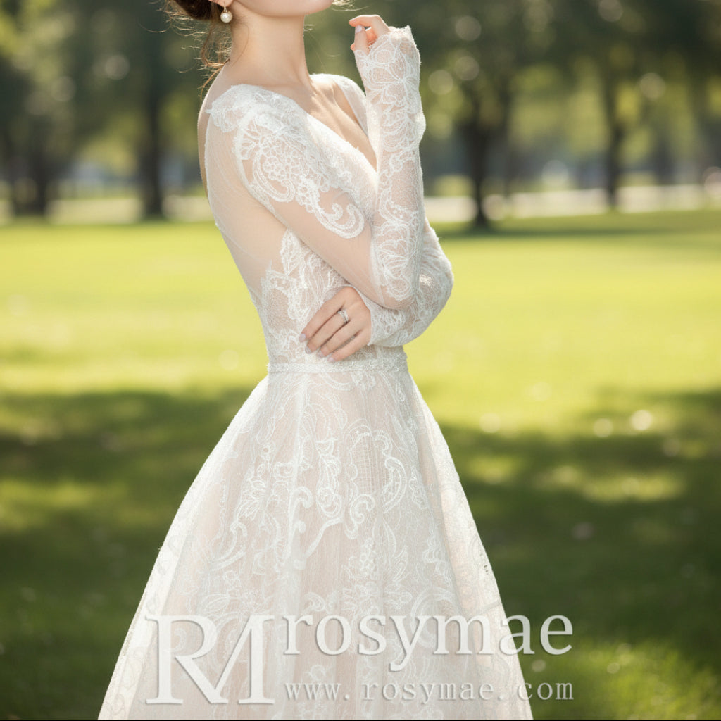 Chic Sheer Long Sleeve Floral Lace Wedding Dress with Open Back Rosymae Chic Sheer Long Sleeve Floral Lace Wedding Dress with Open Back Rosymae