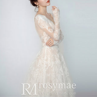 Chic Sheer Long Sleeve Floral Lace Wedding Dress with Open Back