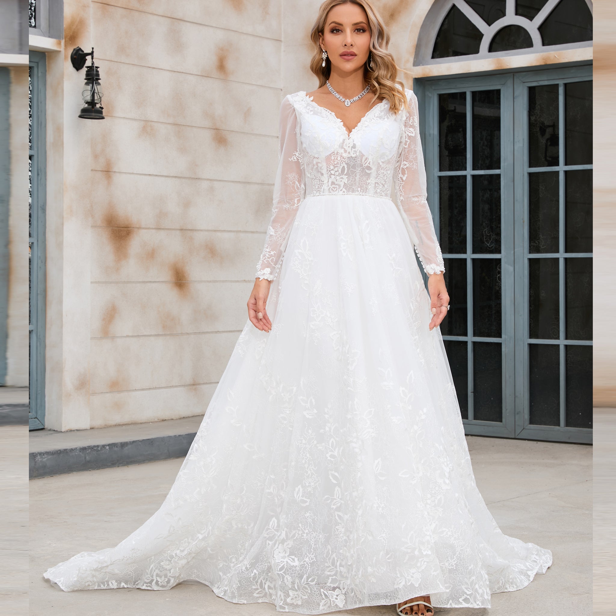 V Neck Tight Lace Long Sleeve Wedding Dress Modern Sheer Bodice A-Line V-Neck Lace Wedding Dress With Long Sleeves White 16W V Neck Tight Lace Long Sleeve Wedding Dress Modern Sheer Bodice A-Line V-Neck Lace Wedding Dress With Long Sleeves White 16W