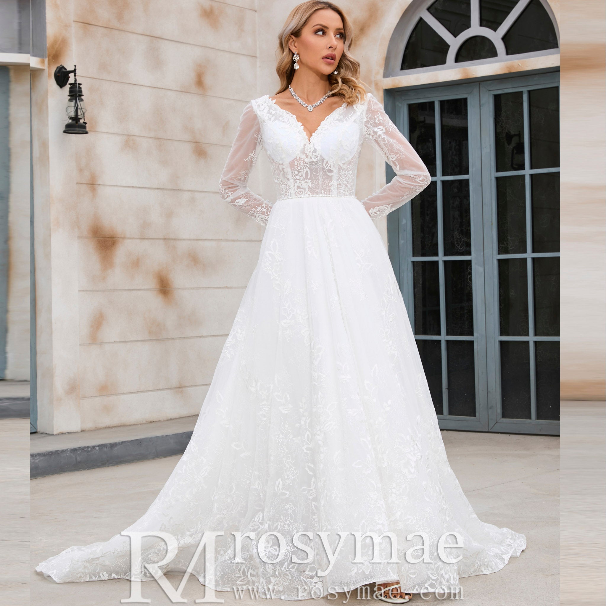 Modern Sheer Bodice A-line V-neck Lace Wedding Dress with Long Sleeves Rosymae Modern Sheer Bodice A-line V-neck Lace Wedding Dress with Long Sleeves Rosymae