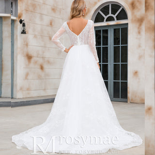 In Stock And Ready To Ship Modern Sheer Bodice A-line V-neck Lace Wedding Dress with Long Sleeves