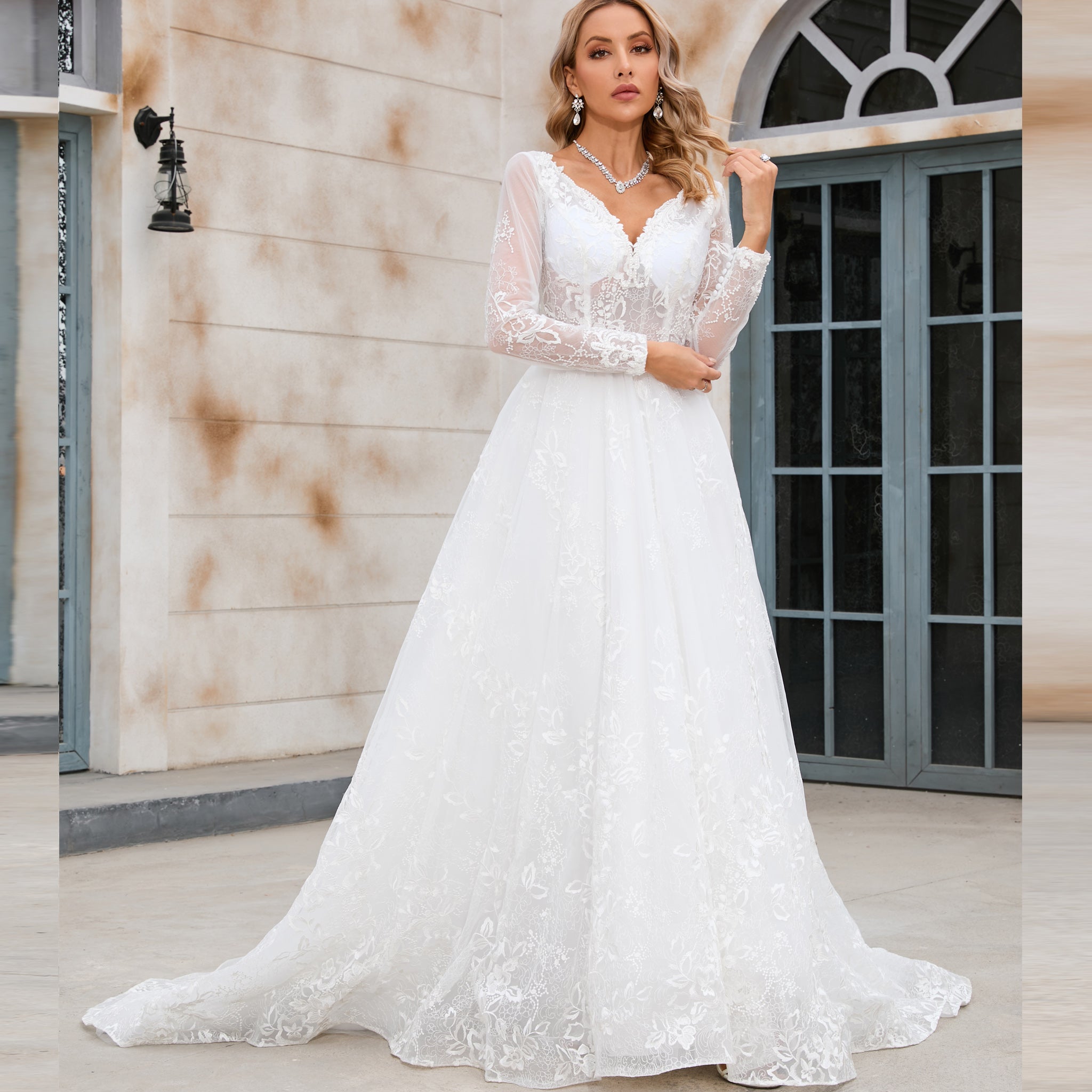 Modern Sheer Bodice A-line V-neck Lace Wedding Dress with Long Sleeves Rosymae Modern Sheer Bodice A-line V-neck Lace Wedding Dress with Long Sleeves Rosymae