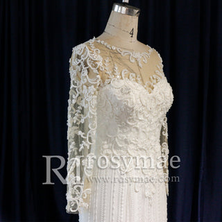 Long Sleeve Lace Fit And Flare Beading Illusion Wedding Dress - Rosymae