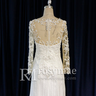 Long Sleeve Lace Fit And Flare Beading Illusion Wedding Dress - Rosymae