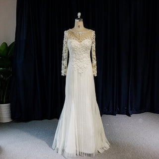 Long Sleeve Lace Fit And Flare Beading Illusion Wedding Dress - Rosymae