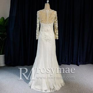 Long Sleeve Lace Fit And Flare Beading Illusion Wedding Dress - Rosymae