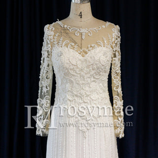 Long Sleeve Lace Fit And Flare Beading Illusion Wedding Dress - Rosymae