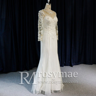 Long Sleeve Lace Fit And Flare Beading Illusion Wedding Dress - Rosymae