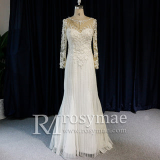 Long Sleeve Lace Fit And Flare Beading Illusion Wedding Dress - Rosymae