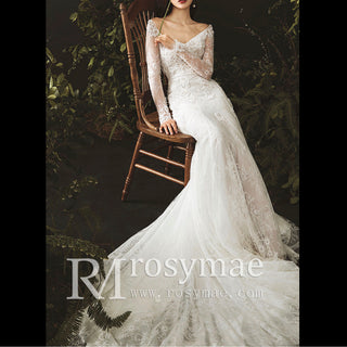 Long Sleeve Off Shoulder Keyhole Lace Wedding Dress Bridal Gown