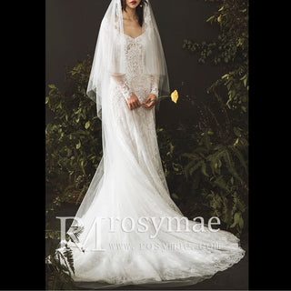 Long Sleeve Off Shoulder Keyhole Lace Wedding Dress Bridal Gown
