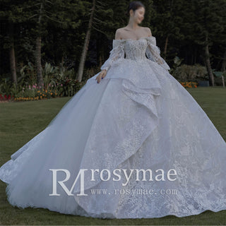 Luxury Wedding Dress with Off-the-Shoulder Poof Sleeves
