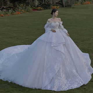 Luxury Wedding Dress with Off-the-Shoulder Poof Sleeves