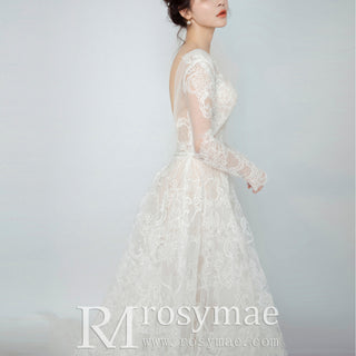 Chic Sheer Long Sleeve Floral Lace Wedding Dress with Open Back