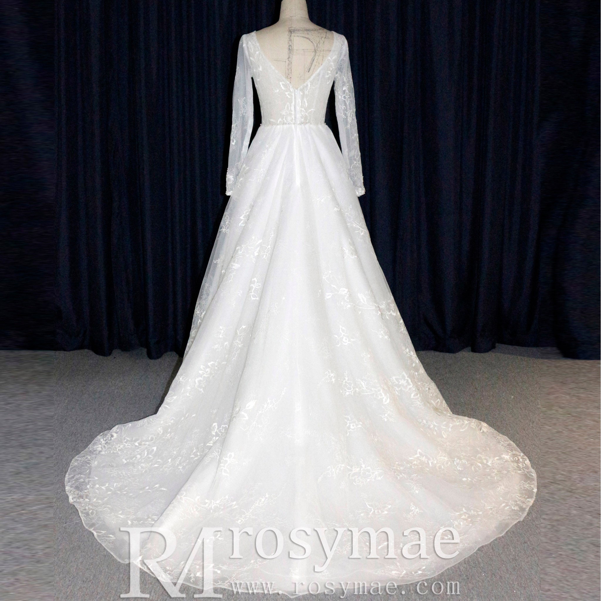 Modern Sheer Bodice A-line V-neck Lace Wedding Dress with Long Sleeves White / 16W Modern Sheer Bodice A-line V-neck Lace Wedding Dress with Long Sleeves White / 16W
