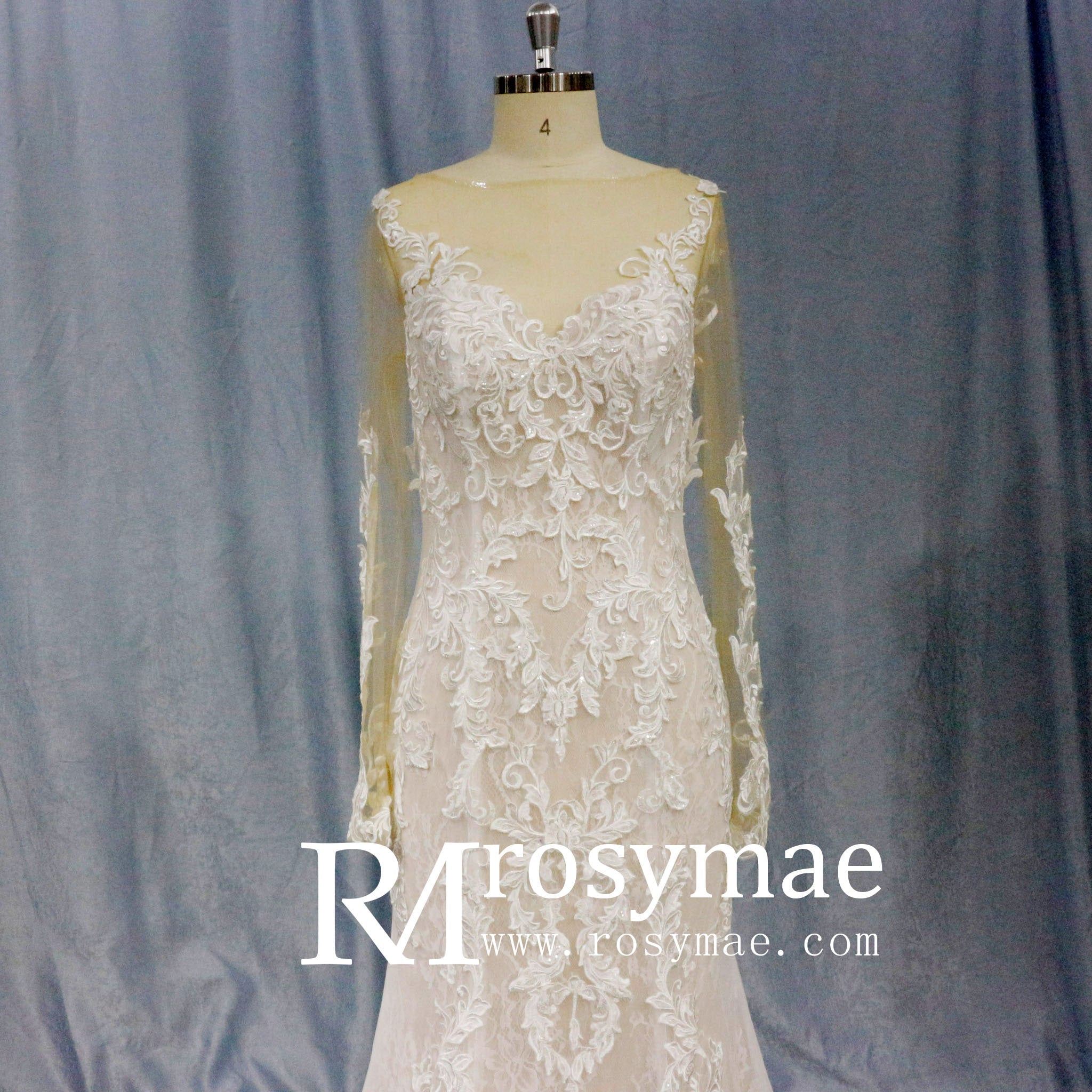 Long Sleeve Mermaid Lace Wedding Dress With Chapel Train - Rosymae