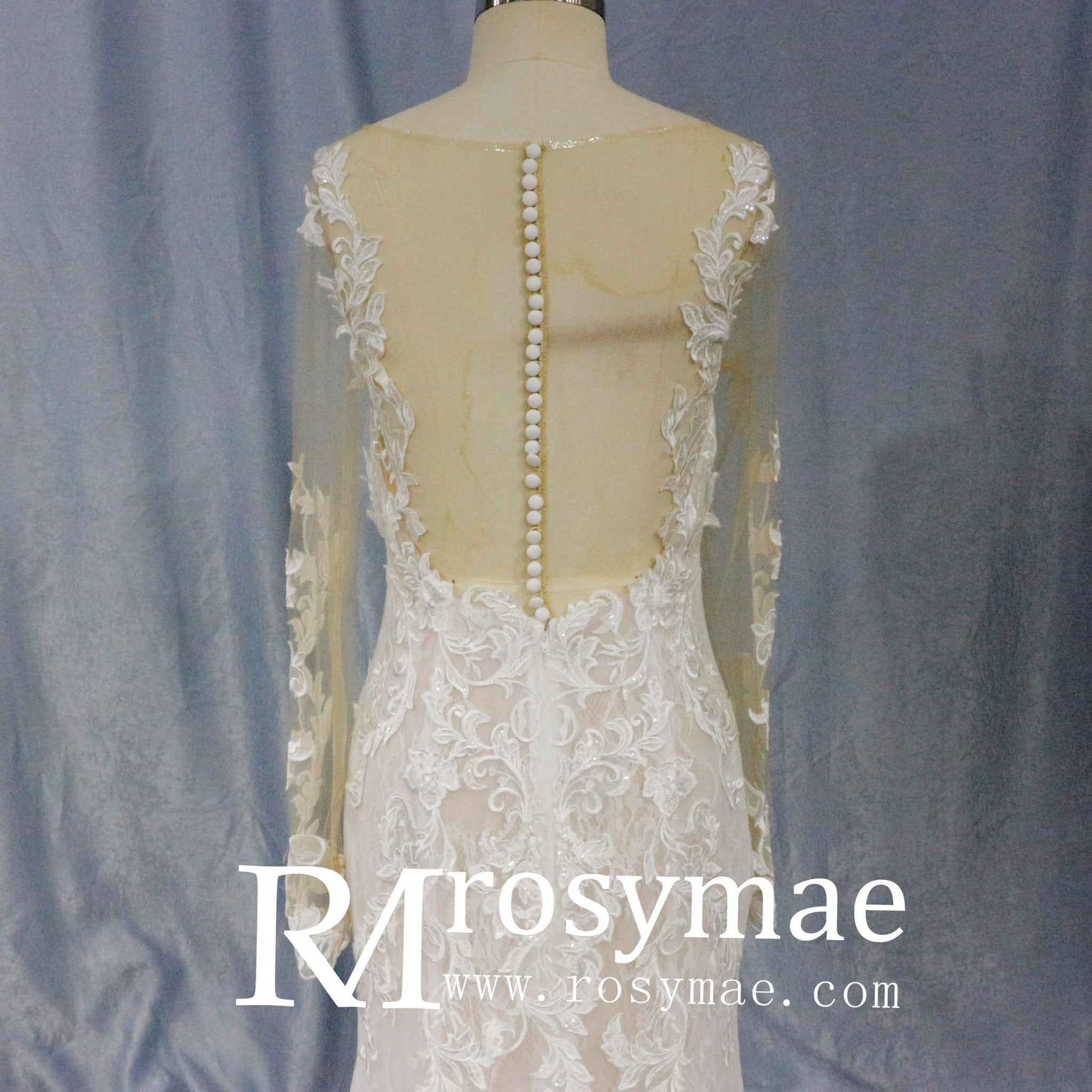 Long Sleeve Mermaid Lace Wedding Dress With Chapel Train - Rosymae