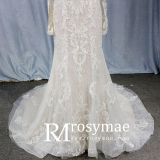 Long Sleeve Mermaid Lace Wedding Dress With Chapel Train - Rosymae