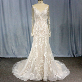 Long Sleeve Mermaid Lace Wedding Dress With Chapel Train - Rosymae