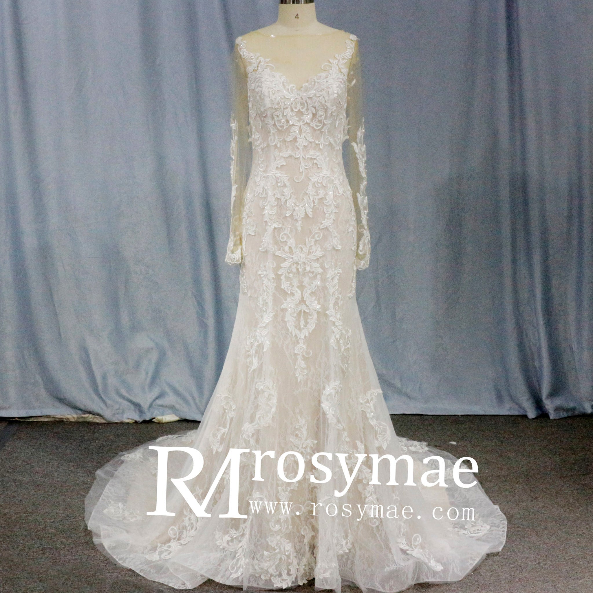 Long Sleeve Mermaid Lace Wedding Dress With Chapel Train - Rosymae