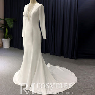 In stock Mermaid Satin Wedding Dress with V Neck and Long Sleeves