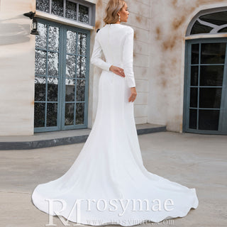 In stock Mermaid Satin Wedding Dress with V Neck and Long Sleeves